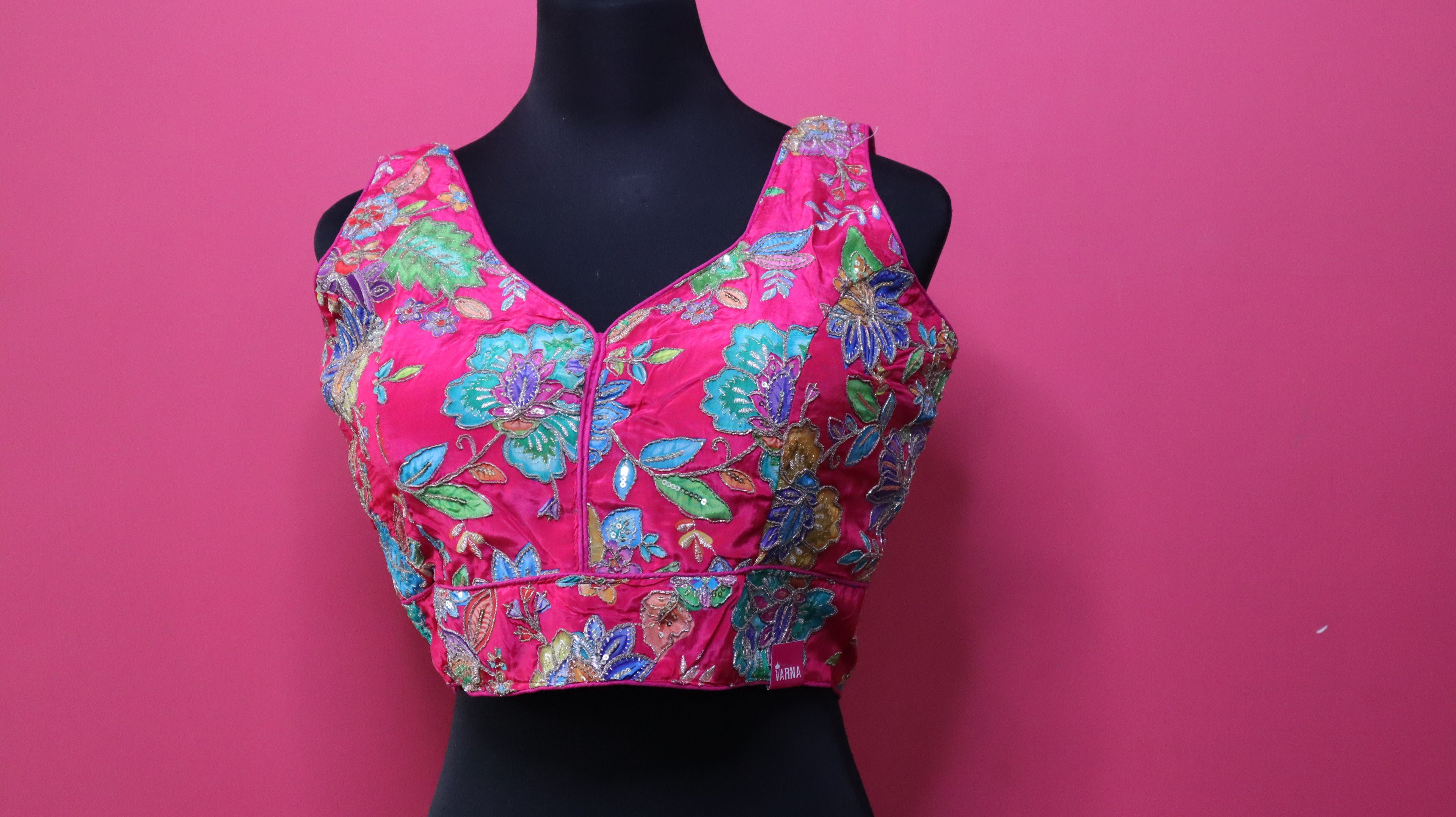 Women's Hot Pink Floral Embroidered Designer Readymade Blouse