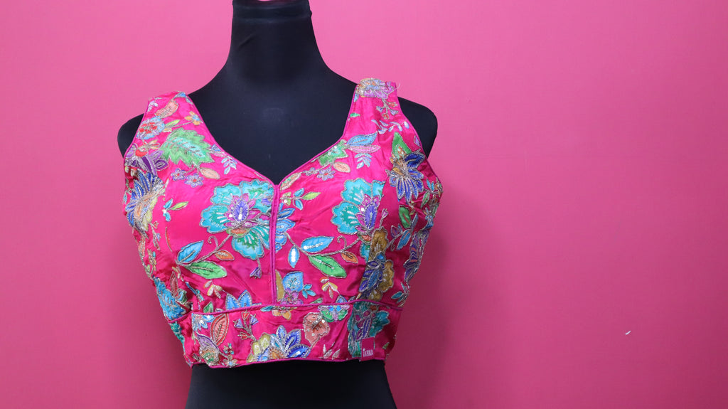 Women's Hot Pink Floral Embroidered Designer Readymade Blouse