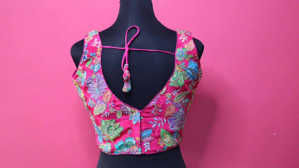 Women's Hot Pink Floral Embroidered Designer Readymade Blouse