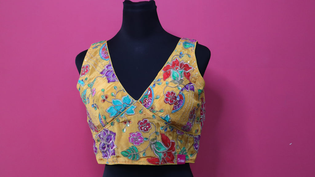 Women's Mustard Yellow Floral Embroidered Designer Readymade Blouse