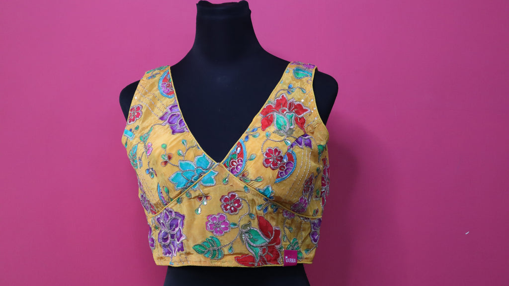 Women's Mustard Yellow Floral Embroidered Designer Readymade Blouse