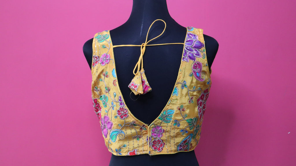 Women's Mustard Yellow Floral Embroidered Designer Readymade Blouse