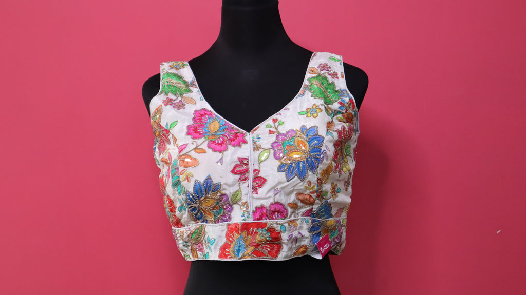 Women's White Floral Embroidered Designer Readymade Blouse
