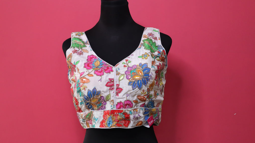 Women's White Floral Embroidered Designer Readymade Blouse