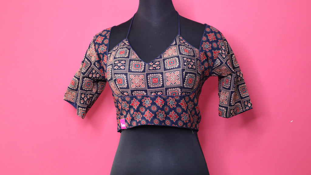 Women's Navy Blue Printed Cotton Designer Readymade Blouse