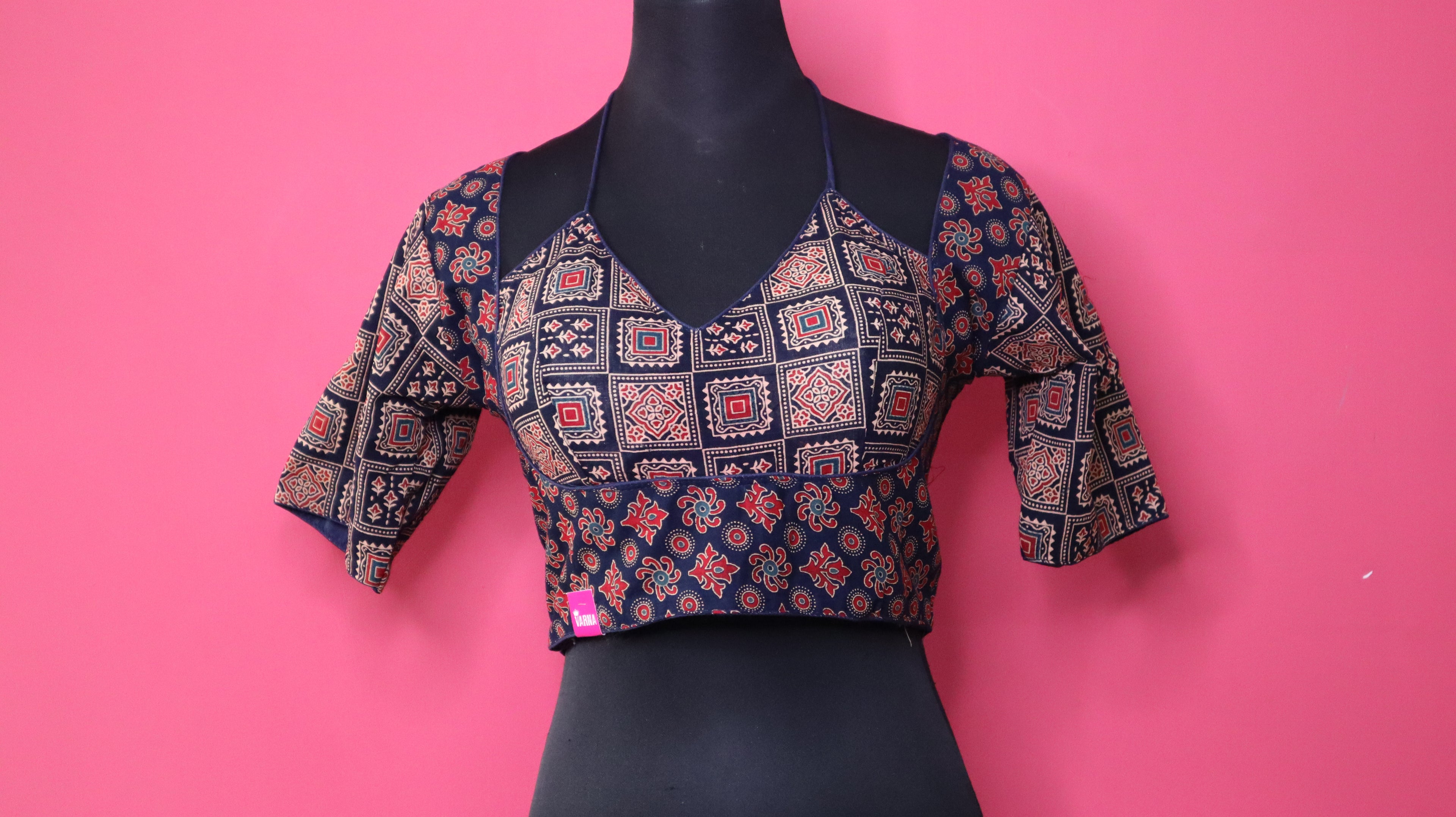 Women's Navy Blue Printed Cotton Designer Readymade Blouse
