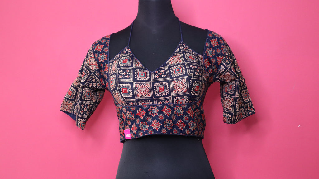 Women's Navy Blue Printed Cotton Designer Readymade Blouse