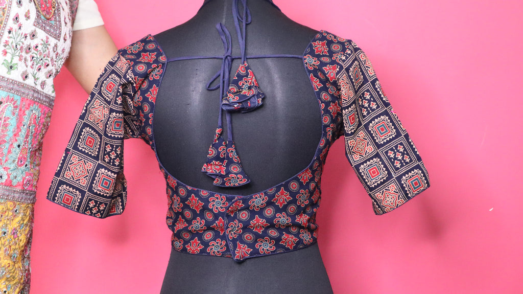 Women's Navy Blue Printed Cotton Designer Readymade Blouse