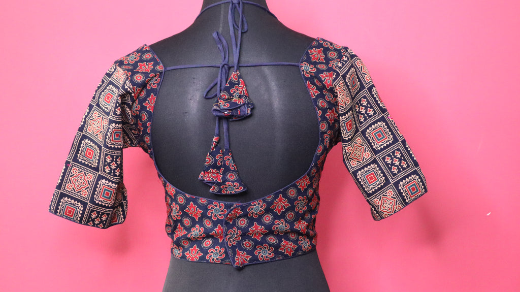 Women's Navy Blue Printed Cotton Designer Readymade Blouse