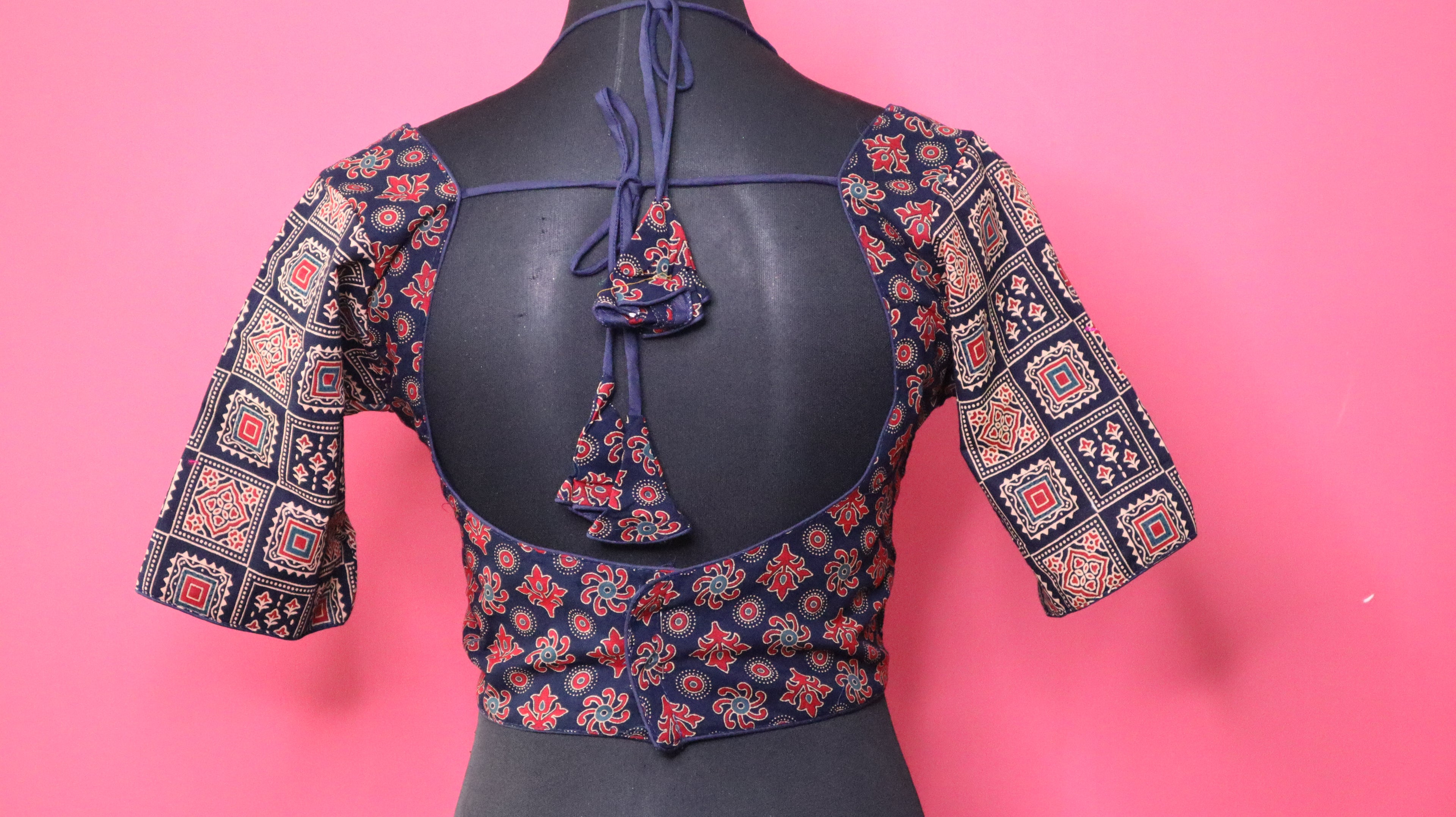 Women's Navy Blue Printed Cotton Designer Readymade Blouse
