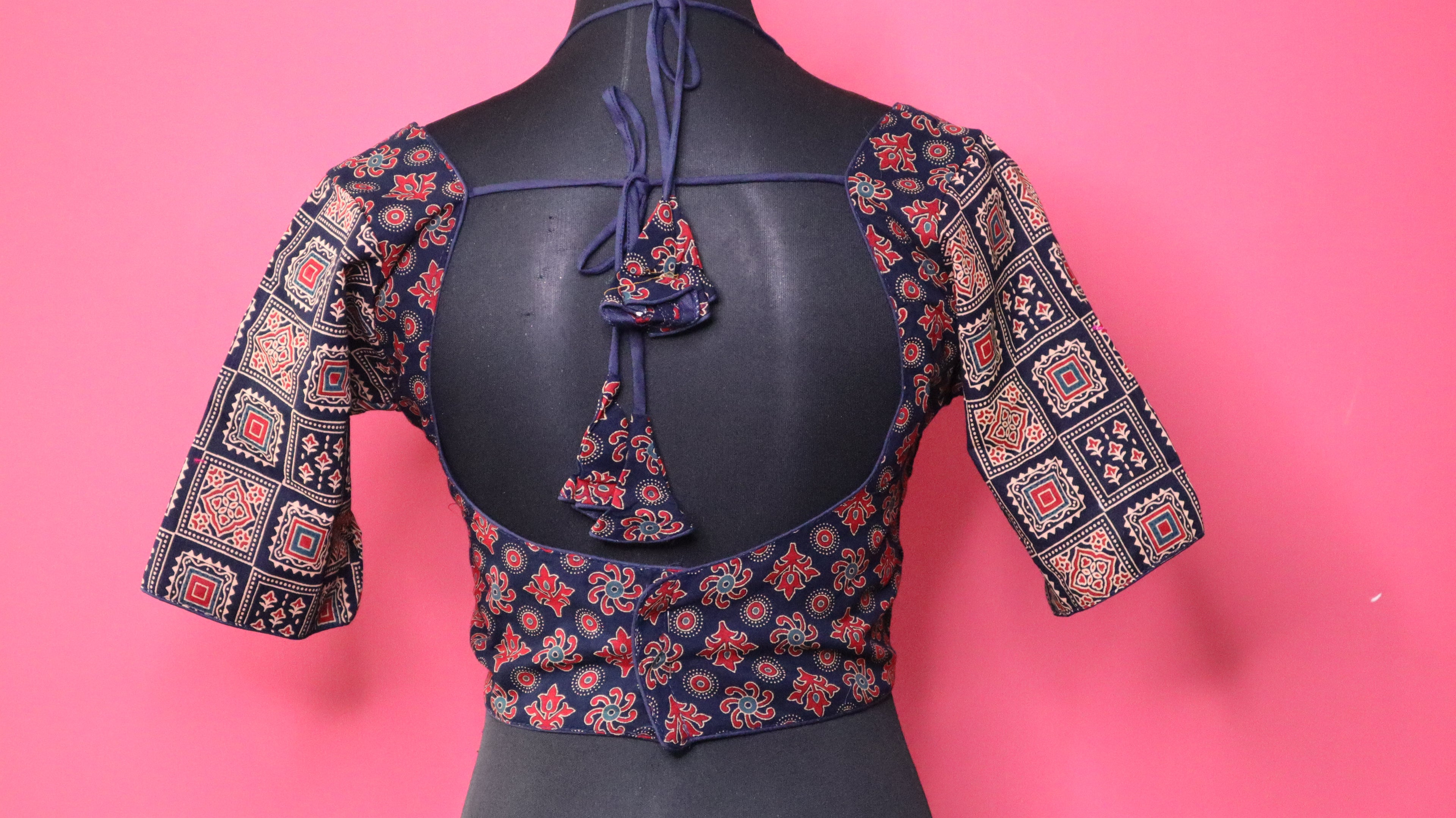 Women's Navy Blue Printed Cotton Designer Readymade Blouse