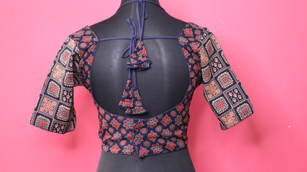 Women's Navy Blue Printed Cotton Designer Readymade Blouse