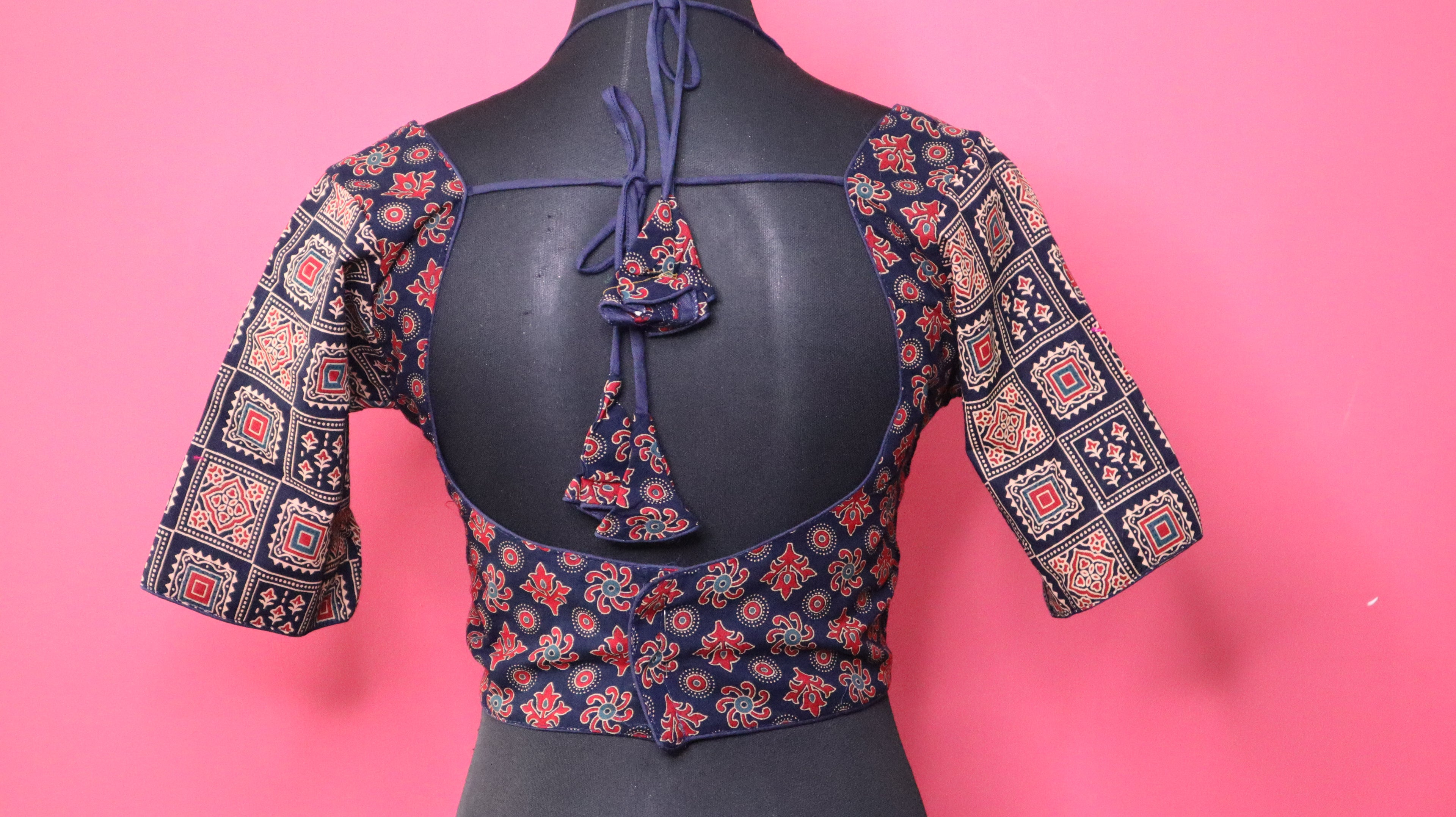 Women's Navy Blue Printed Cotton Designer Readymade Blouse