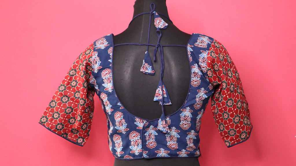Women's Navy Blue & Maroon Printed Cotton Designer Readymade Blouse