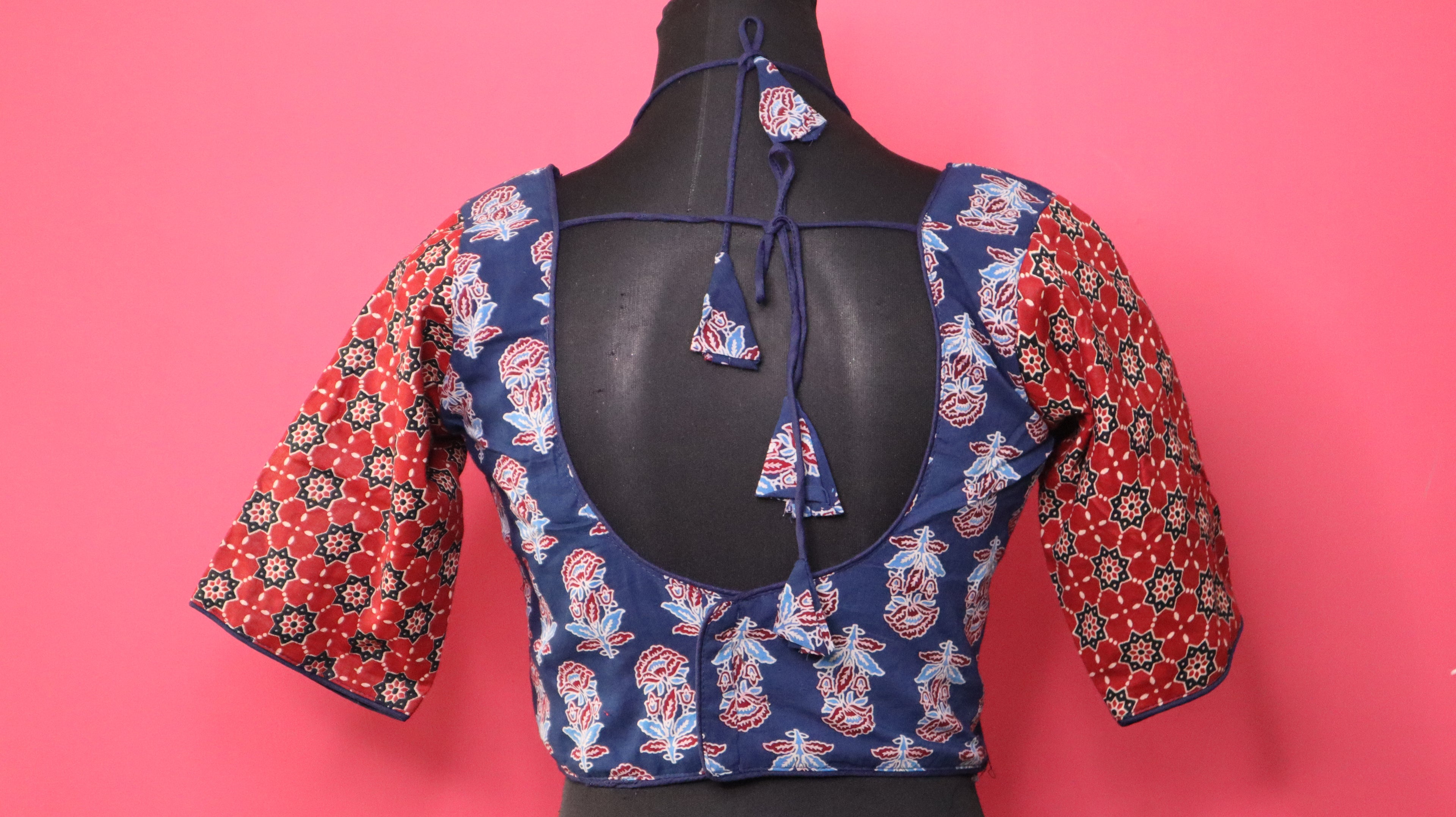 Women's Navy Blue & Maroon Printed Cotton Designer Readymade Blouse