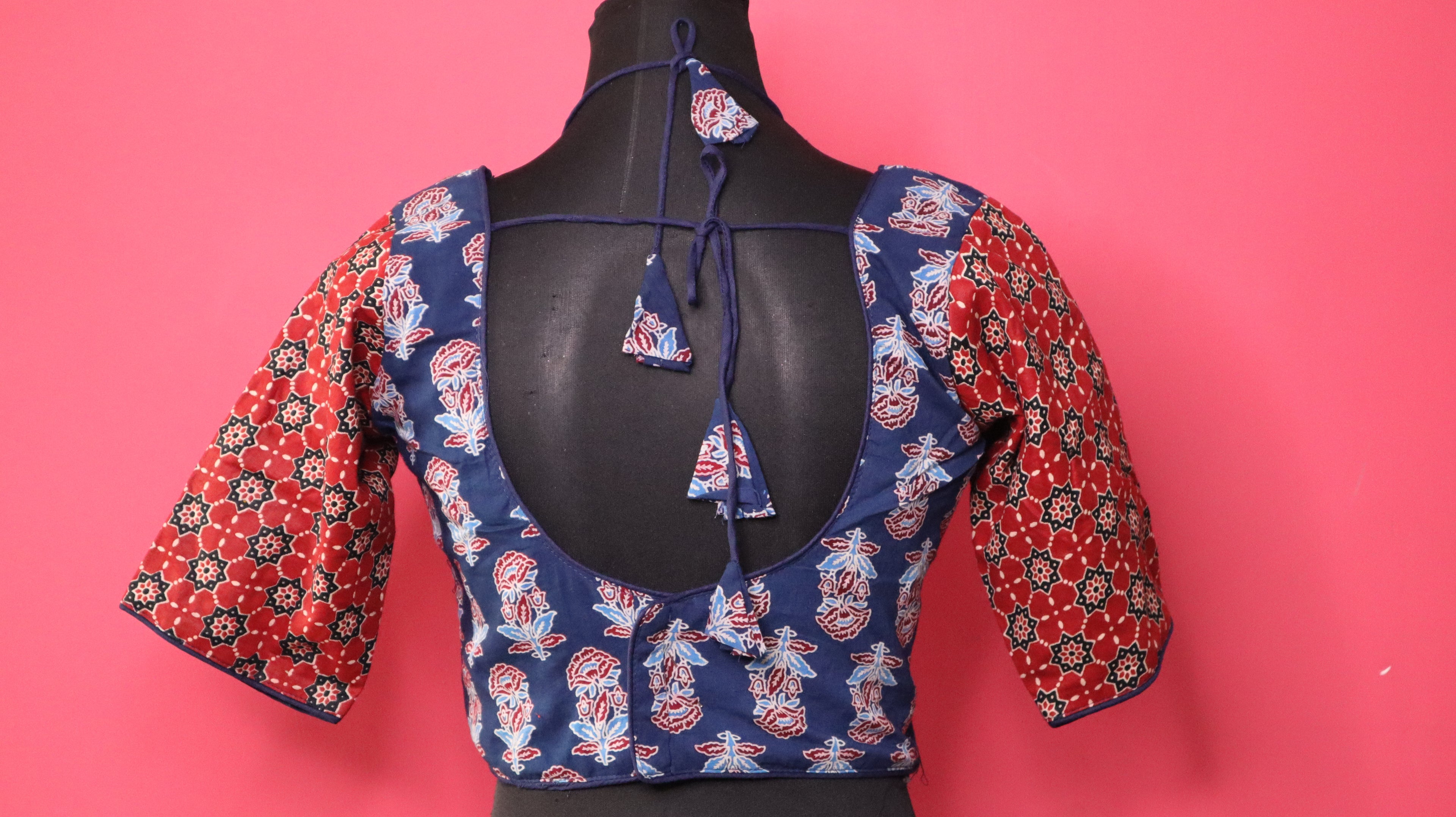Women's Navy Blue & Maroon Printed Cotton Designer Readymade Blouse