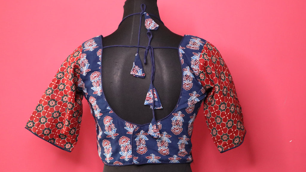 Women's Navy Blue & Maroon Printed Cotton Designer Readymade Blouse