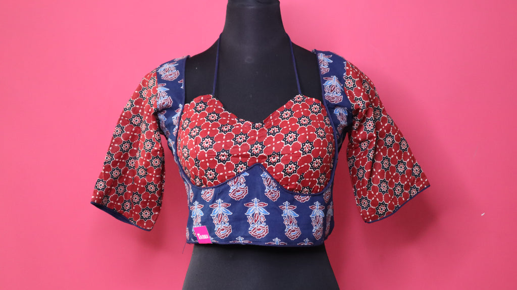Women's Navy Blue & Maroon Printed Cotton Designer Readymade Blouse