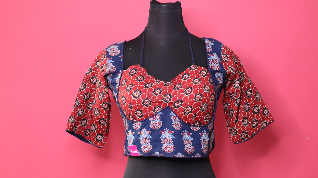 Women's Navy Blue & Maroon Printed Cotton Designer Readymade Blouse