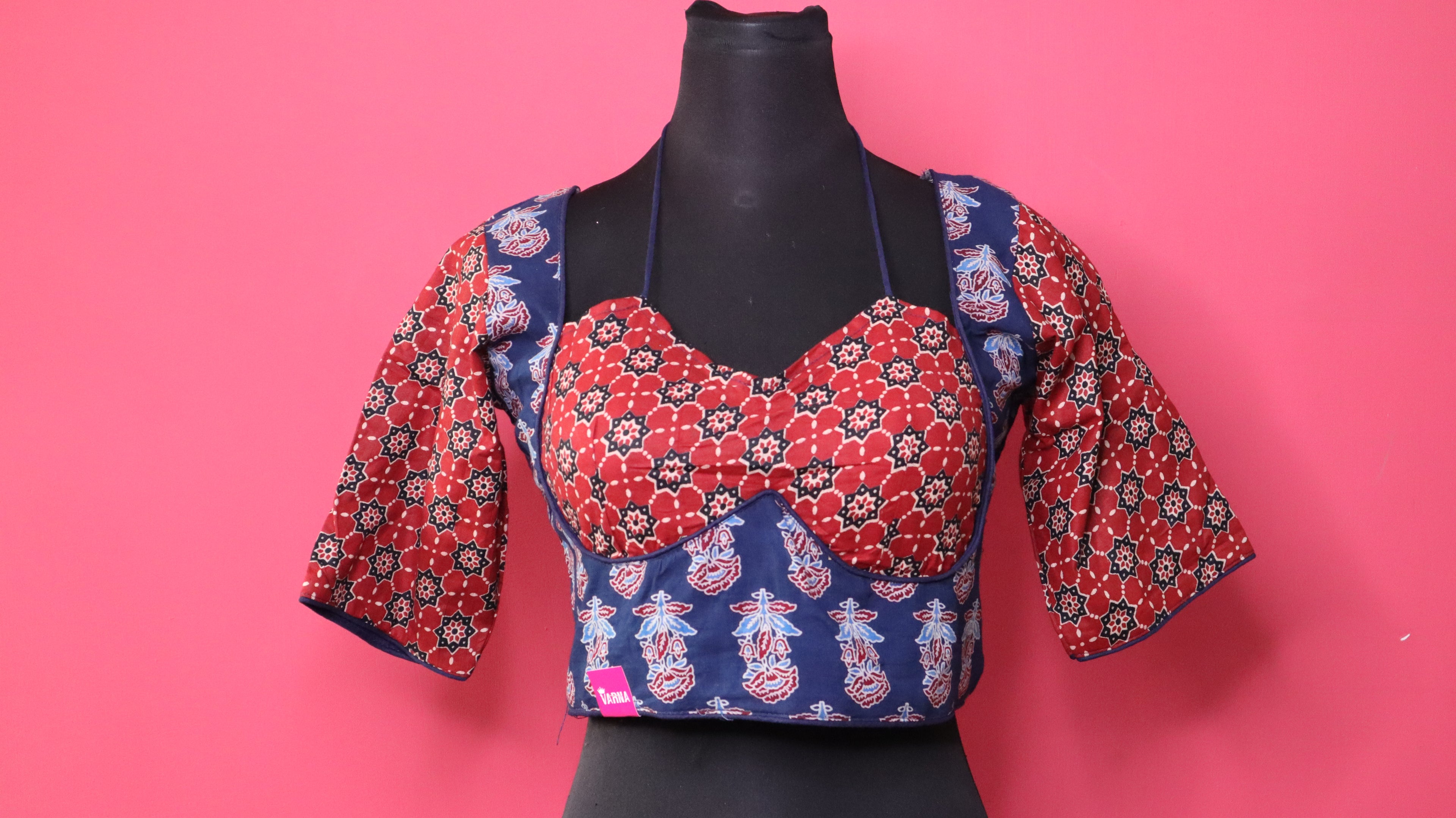 Women's Navy Blue & Maroon Printed Cotton Designer Readymade Blouse