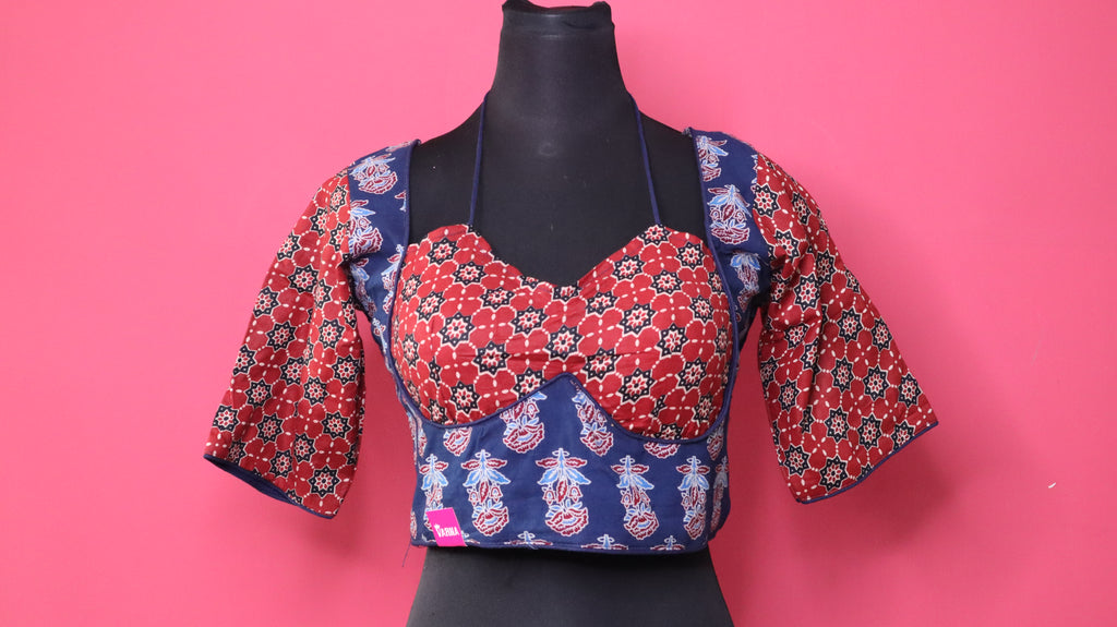 Women's Navy Blue & Maroon Printed Cotton Designer Readymade Blouse