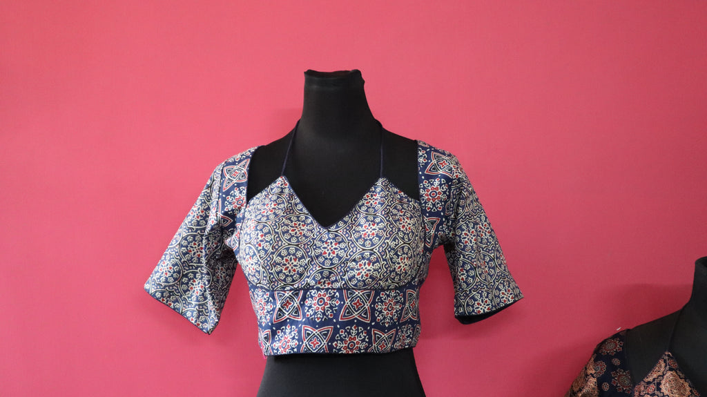 Women's Blue Printed Cotton Designer Readymade Blouse