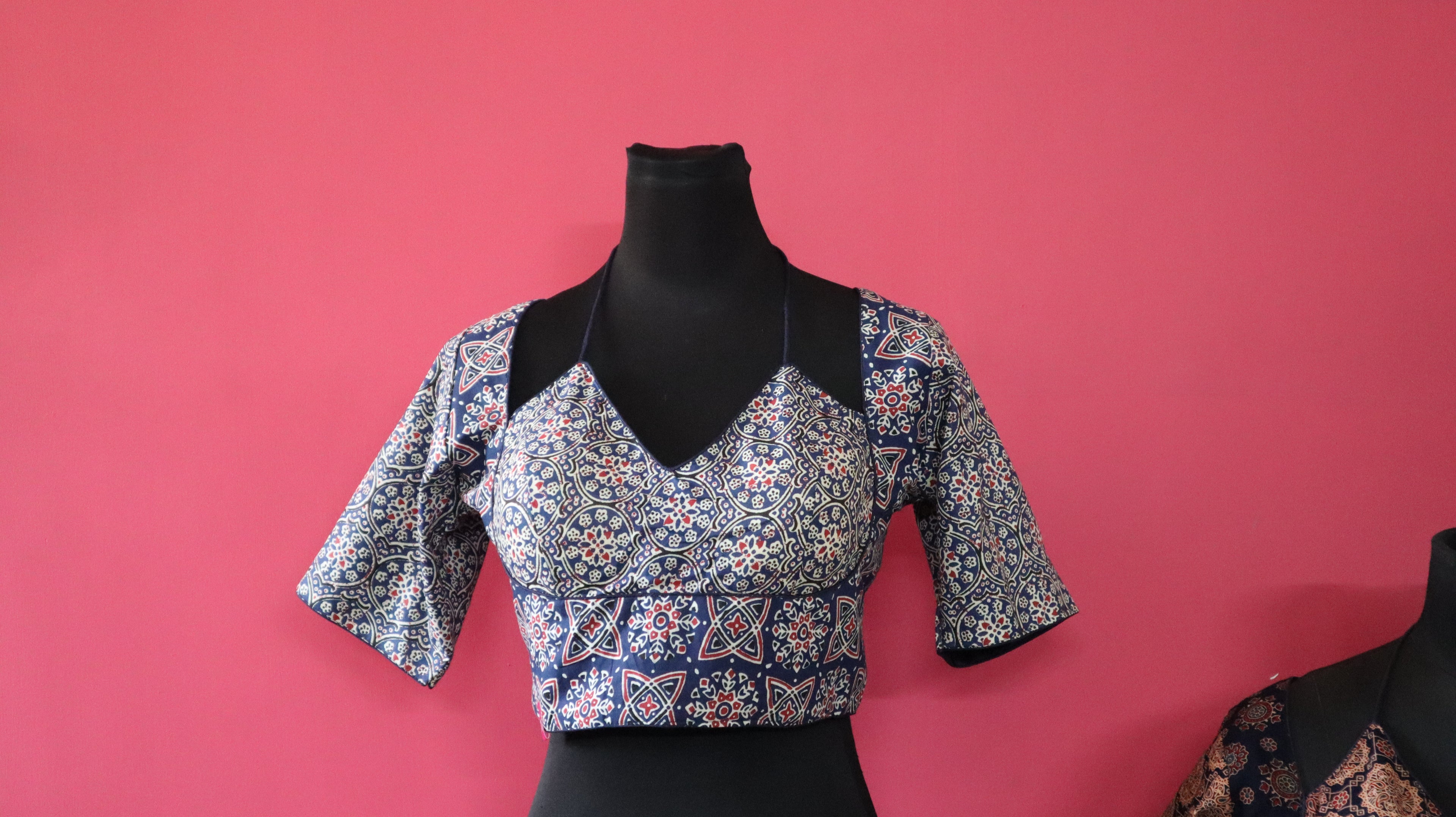 Women's Blue Printed Cotton Designer Readymade Blouse