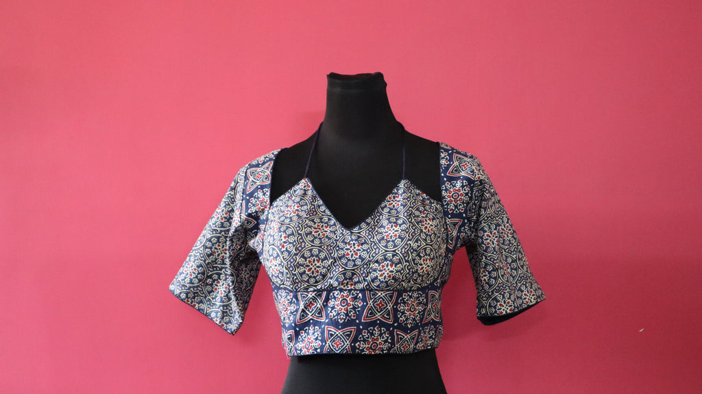 Women's Blue Printed Cotton Designer Readymade Blouse