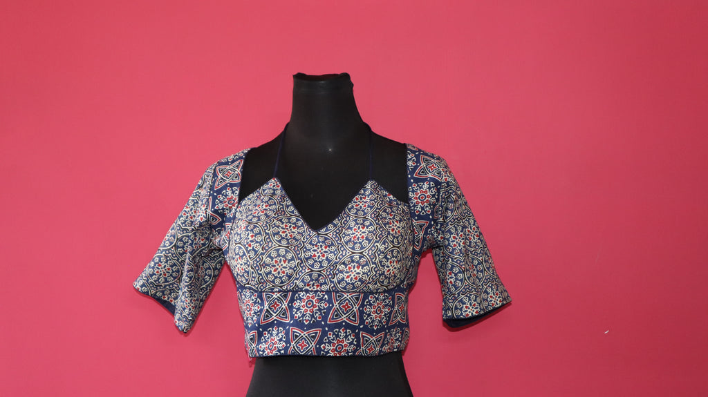 Women's Blue Printed Cotton Designer Readymade Blouse