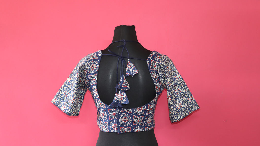 Women's Blue Printed Cotton Designer Readymade Blouse