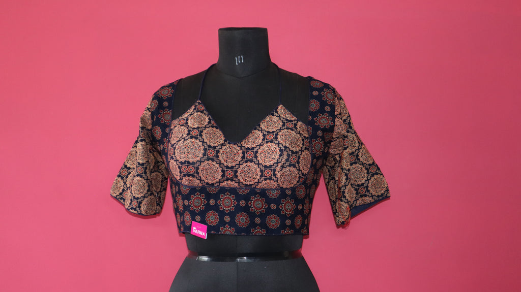 Women's Navy Blue Printed Cotton Designer Readymade Blouse