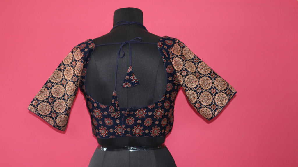Women's Navy Blue Printed Cotton Designer Readymade Blouse
