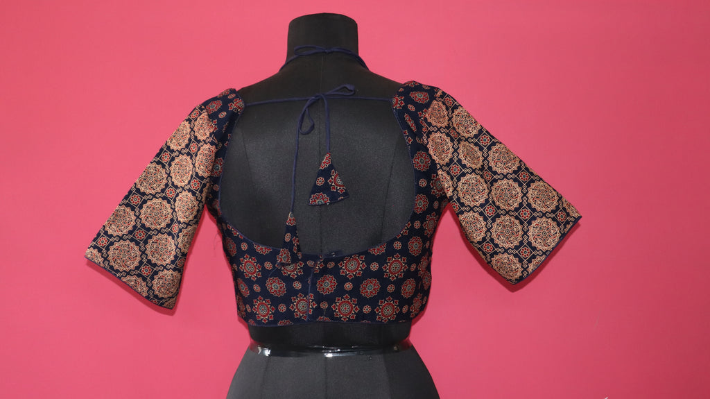 Women's Navy Blue Printed Cotton Designer Readymade Blouse