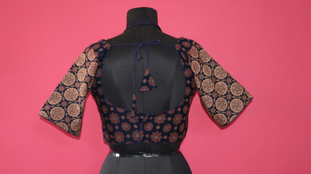 Women's Navy Blue Ajrakh Printed Cotton Designer Readymade Blouse