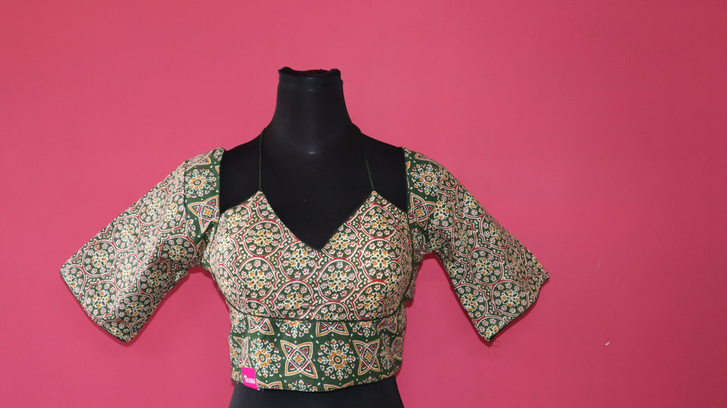 Women's Olive Green Printed Cotton Designer Readymade Blouse