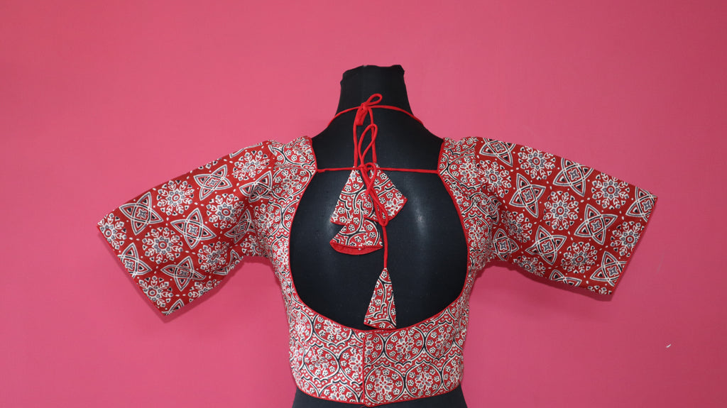 Women's Red Ajrakh Printed Cotton Designer Readymade Blouse – Sweetheart Neck with Open Back