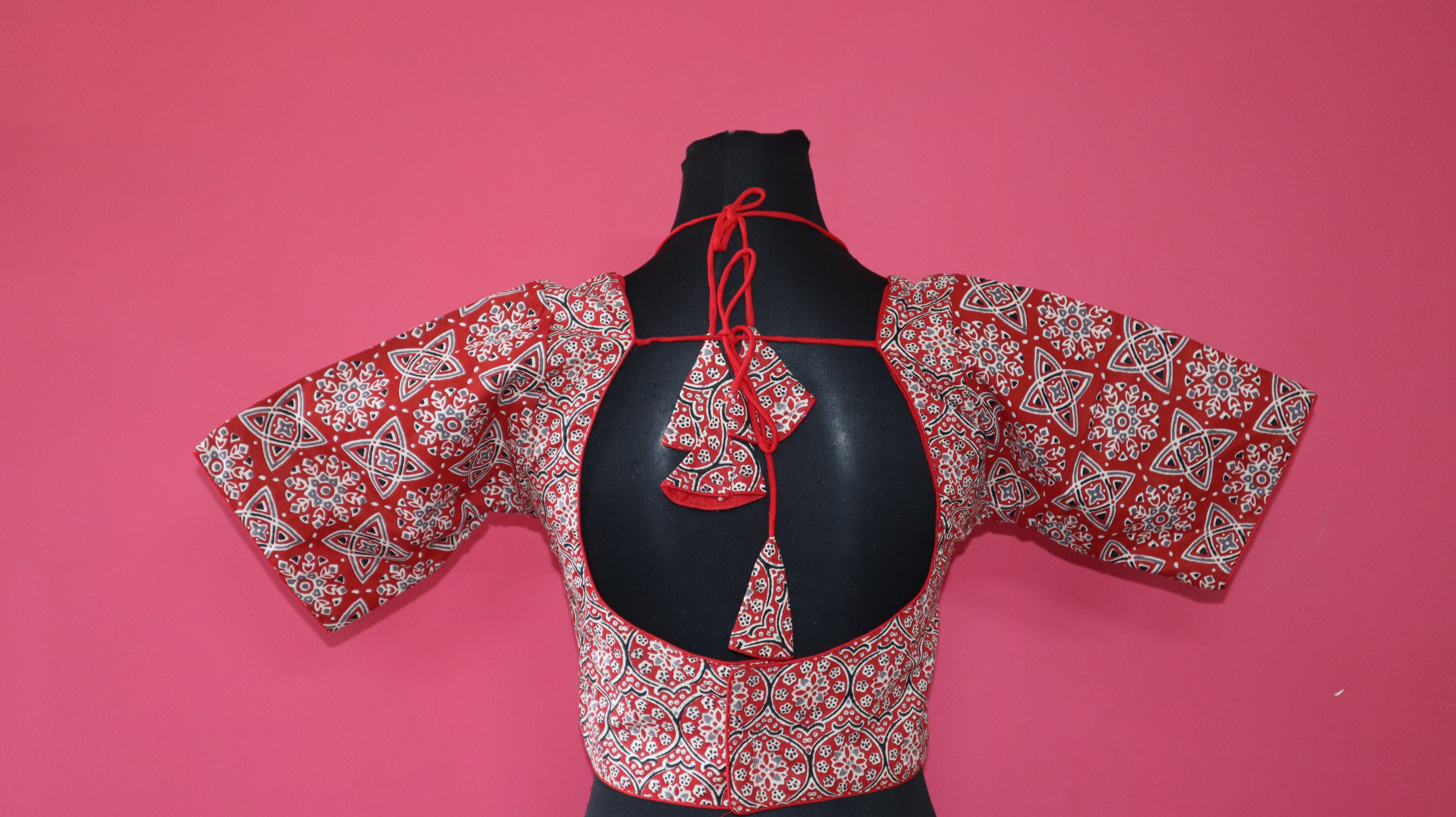 Women's Red Ajrakh Printed Cotton Designer Readymade Blouse – Sweetheart Neck with Open Back