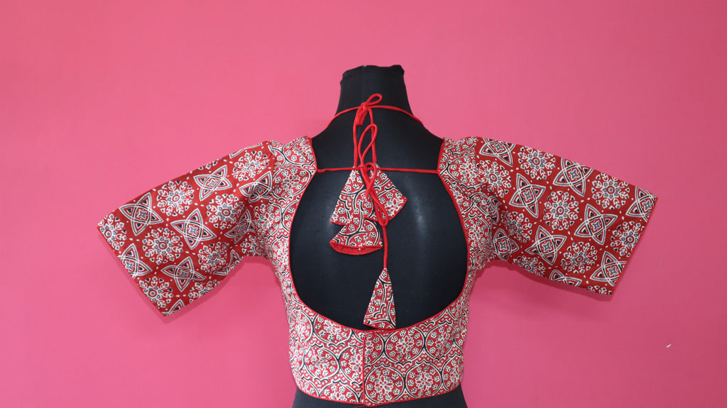 Women's Red Ajrakh Printed Cotton Designer Readymade Blouse – Sweetheart Neck with Open Back