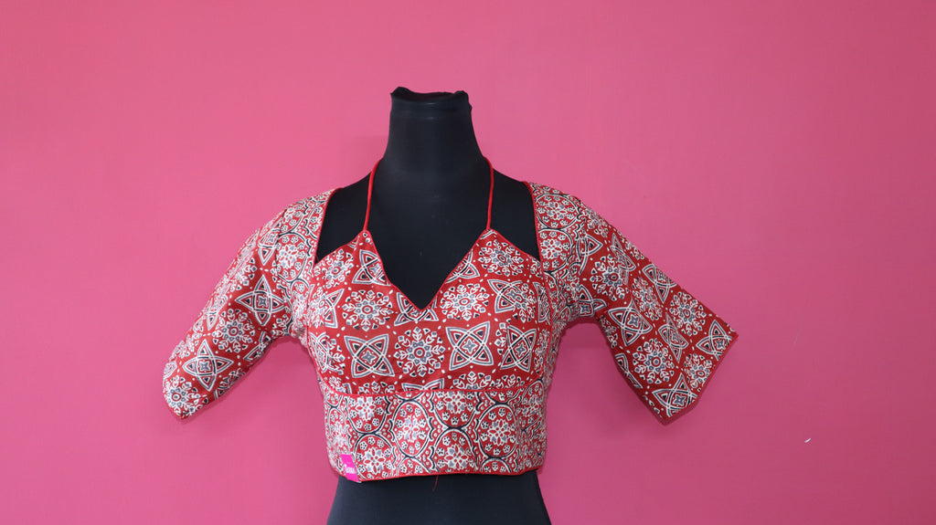 Women's Red Ajrakh Printed Cotton Designer Readymade Blouse – Sweetheart Neck with Open Back