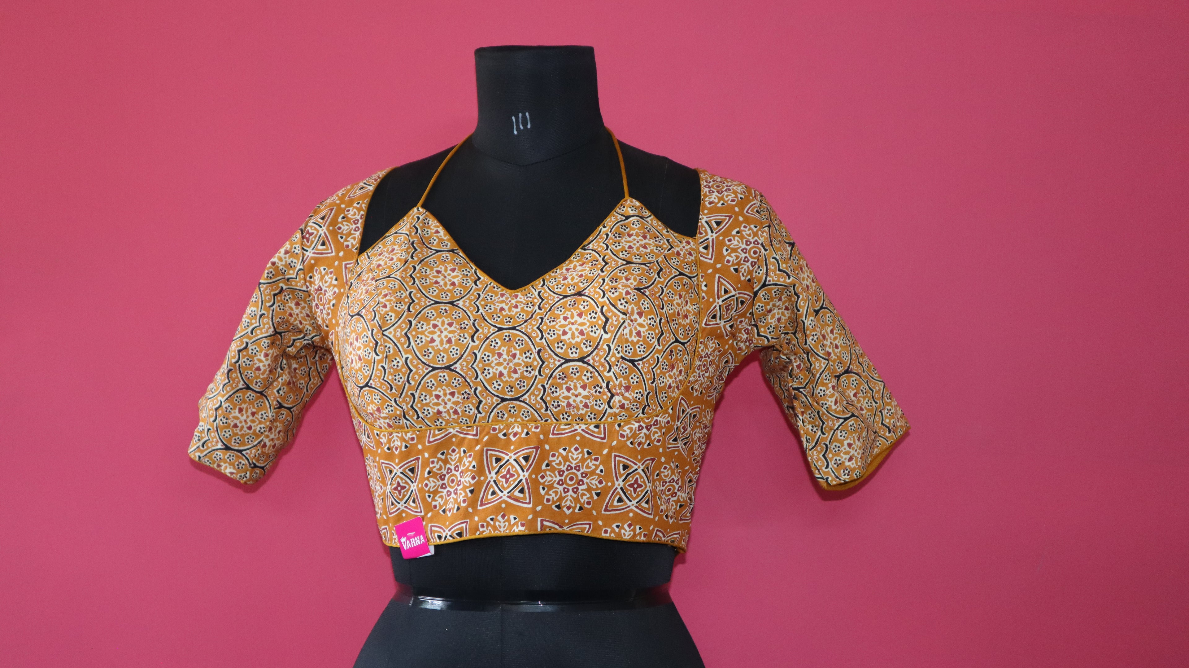 Women's Mustard Yellow Ajrakh Printed Cotton Designer Readymade Blouse – Open Back with Dori Tie-Up