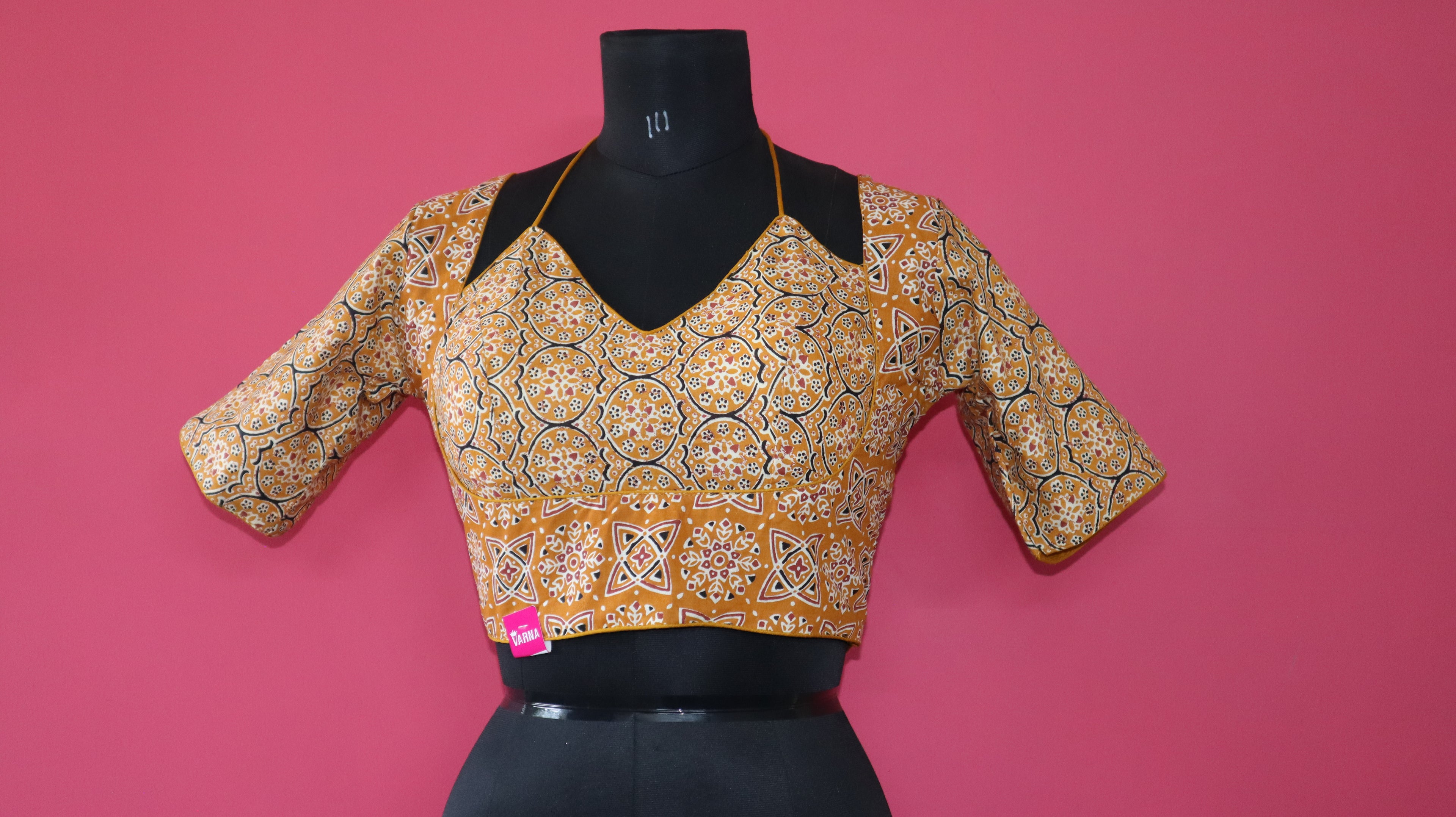 Women's Mustard Yellow Ajrakh Printed Cotton Designer Readymade Blouse – Open Back with Dori Tie-Up
