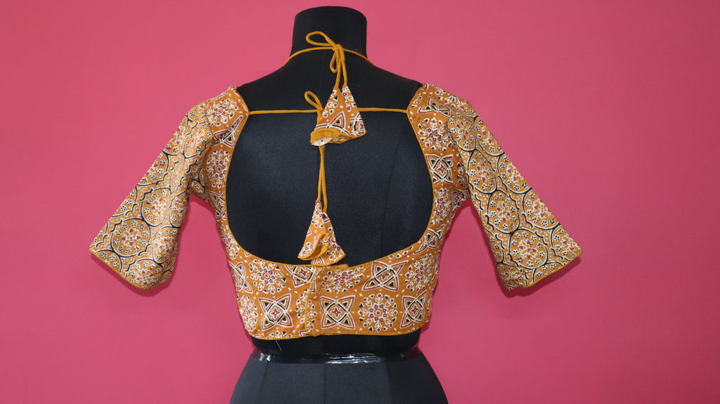 Women's Mustard Yellow Ajrakh Printed Cotton Designer Readymade Blouse – Open Back with Dori Tie-Up