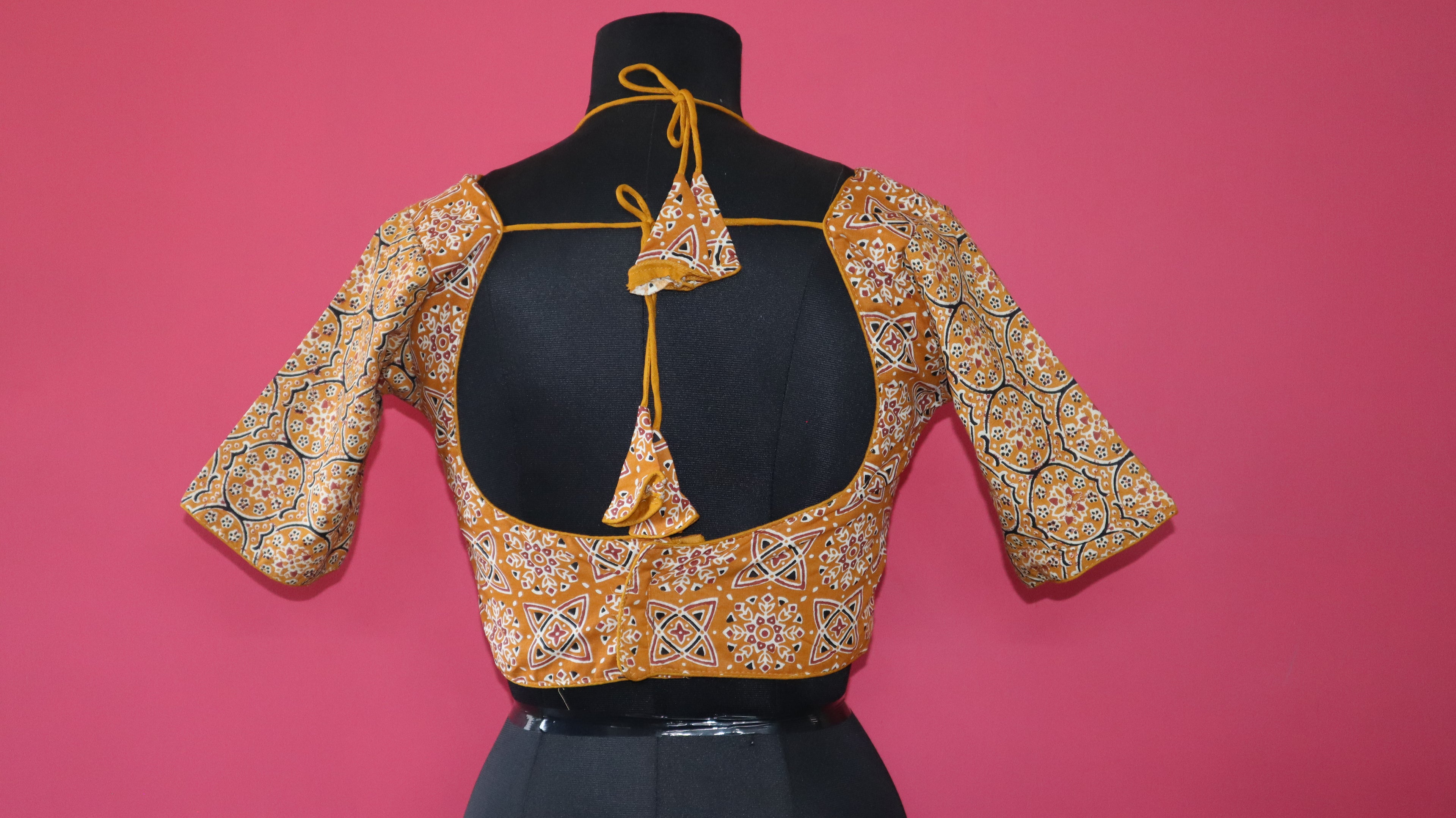 Women's Mustard Yellow Ajrakh Printed Cotton Designer Readymade Blouse – Open Back with Dori Tie-Up