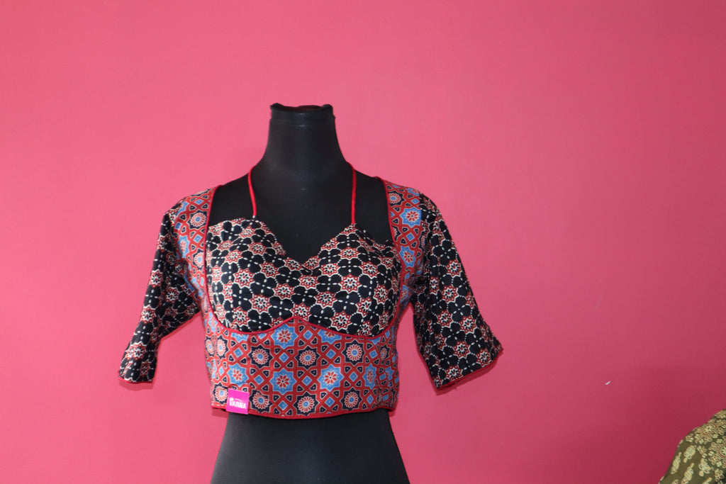 Women's Multicolor Ajrakh Printed Cotton Designer Readymade Blouse – Open Back with Dori Tie-Up
