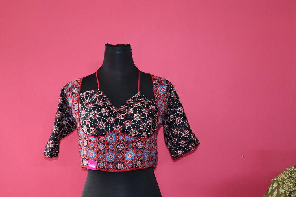 Women's Multicolor Ajrakh Printed Cotton Designer Readymade Blouse – Open Back with Dori Tie-Up