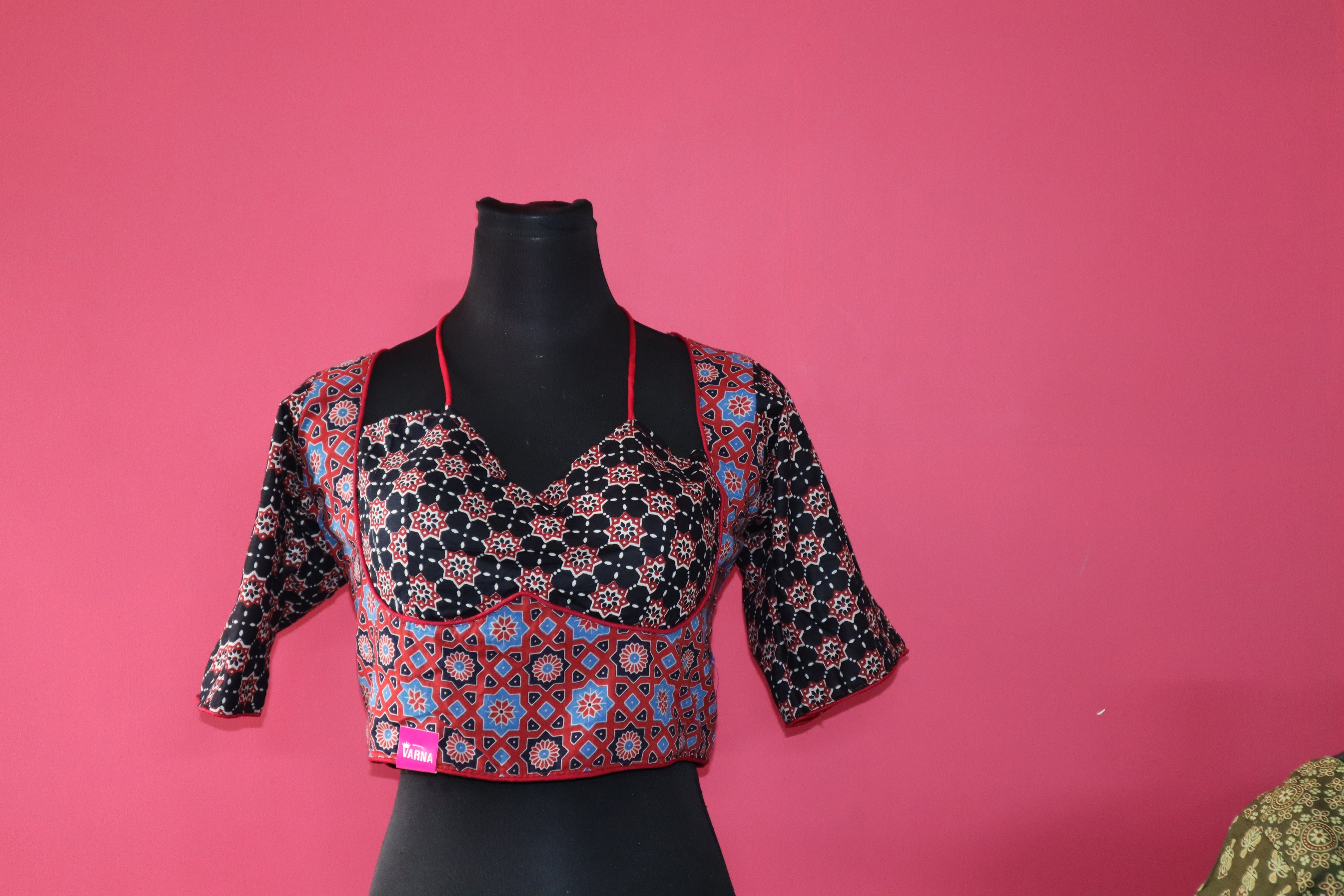 Women's Multicolor Ajrakh Printed Cotton Designer Readymade Blouse – Open Back with Dori Tie-Up