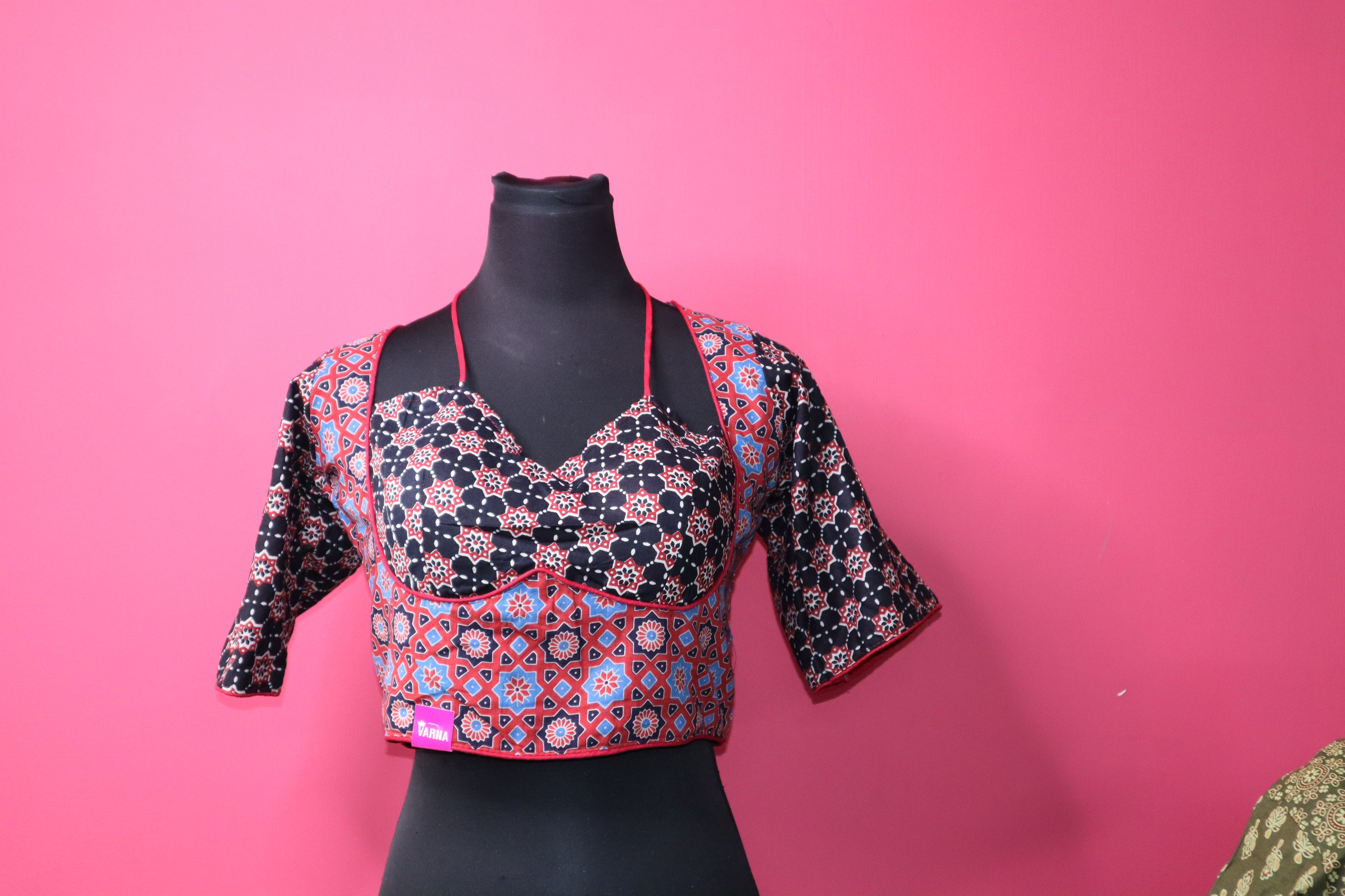 Women's Multicolor Ajrakh Printed Cotton Designer Readymade Blouse – Open Back with Dori Tie-Up