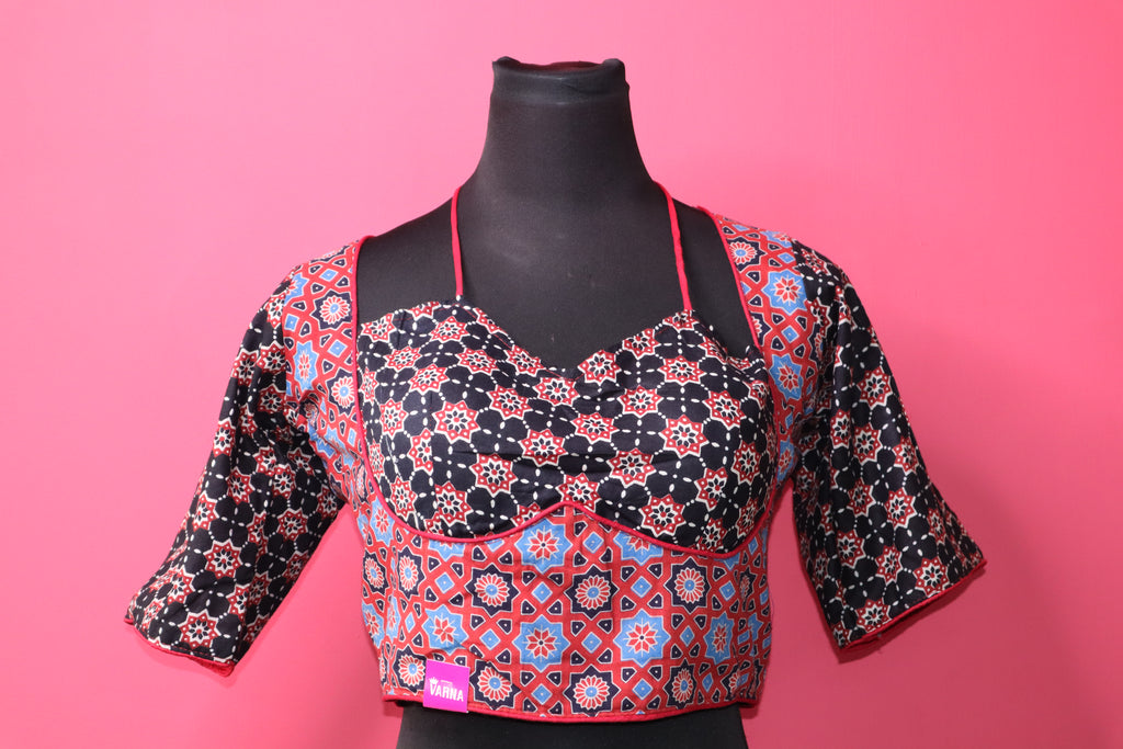 Women's Multicolor Ajrakh Printed Cotton Designer Readymade Blouse – Open Back with Dori Tie-Up