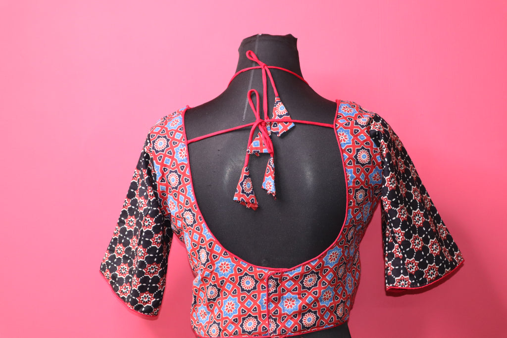 Women's Multicolor Ajrakh Printed Cotton Designer Readymade Blouse – Open Back with Dori Tie-Up