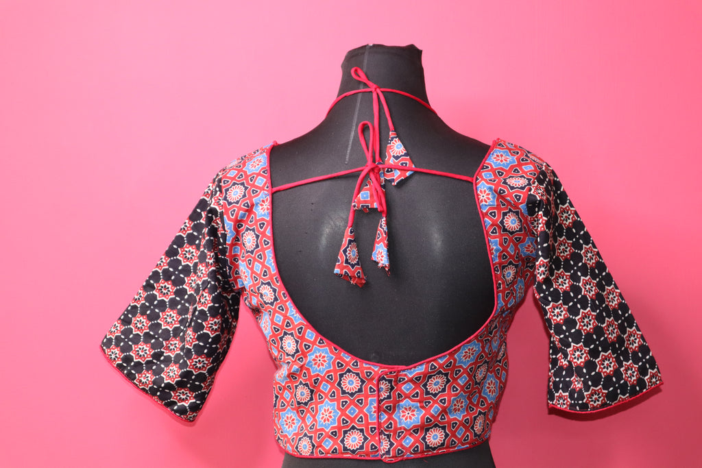 Women's Multicolor Ajrakh Printed Cotton Designer Readymade Blouse – Open Back with Dori Tie-Up